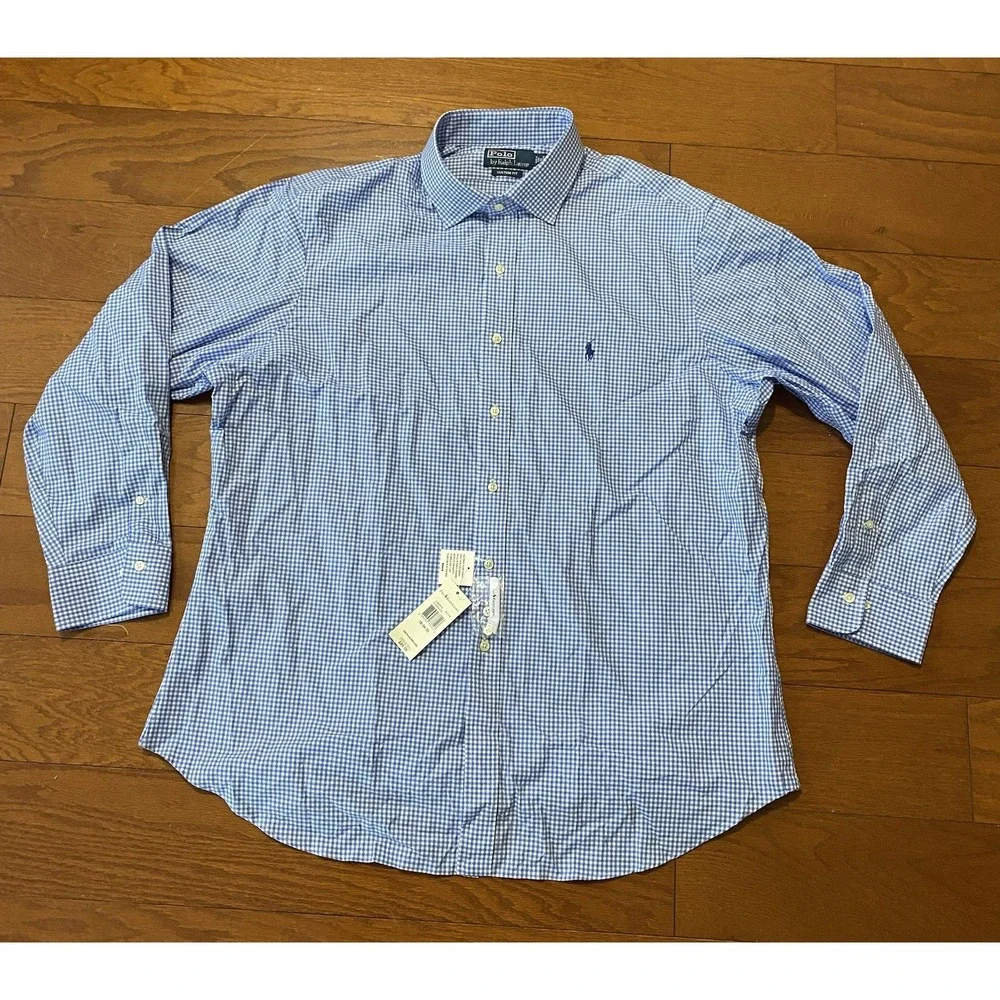 NWT Polo Ralph Lauren Custom Fit Blue Dress Shirt Check Men's 18 34/35 New! $85